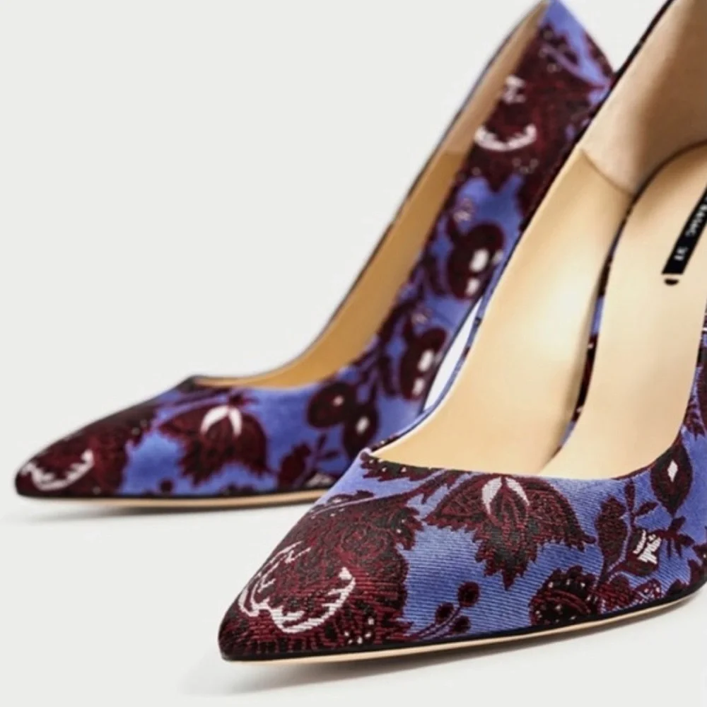 Zara blue & burgundy floral jacquard pointed toe stiletto pumps - size 7 (37) - Picture 4 of 11